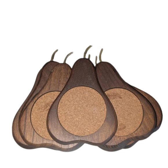 Vintage MCM Handcarved Hardwood Cork Pear Shaped Coasters, Set of 7, 5" x 3.5" - Picture 6 of 11